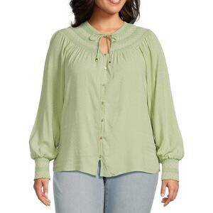 Nurture by Westbound Plus Size 2X Smocked Woven Long Sleeve Button-Front Top